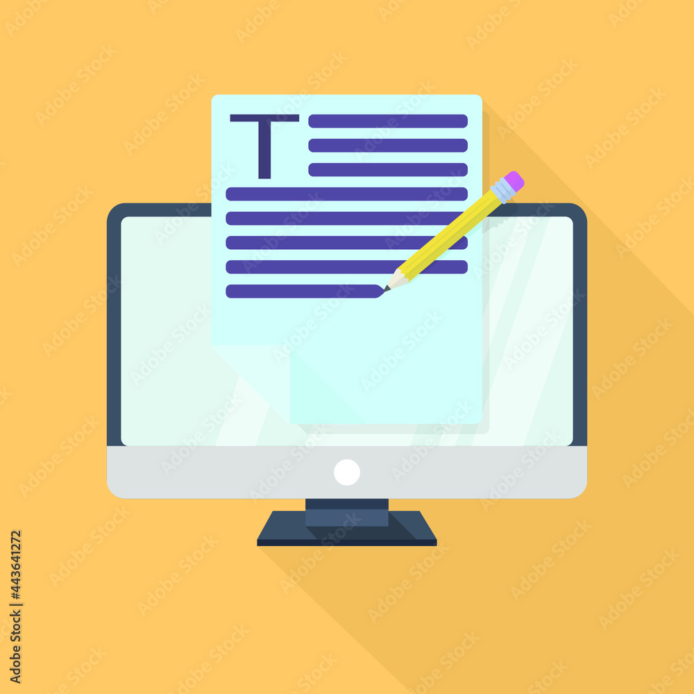 Poster computer monitor and blue sheet of text document with pencil on yellow background with long shadow. 