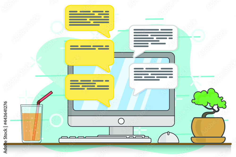 Aufkleber workspace - computer monitor, mouse, keyboard, plant and dialog clouds with text. flat design illust