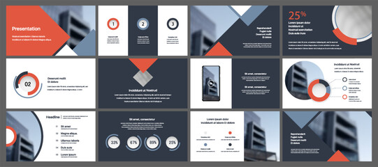 Set of vector slides for presentations and reports. Geometric elements with infographics in minimal design on a white background. Can be used for brochures, flyers, booklets, banners, web interfaces.
