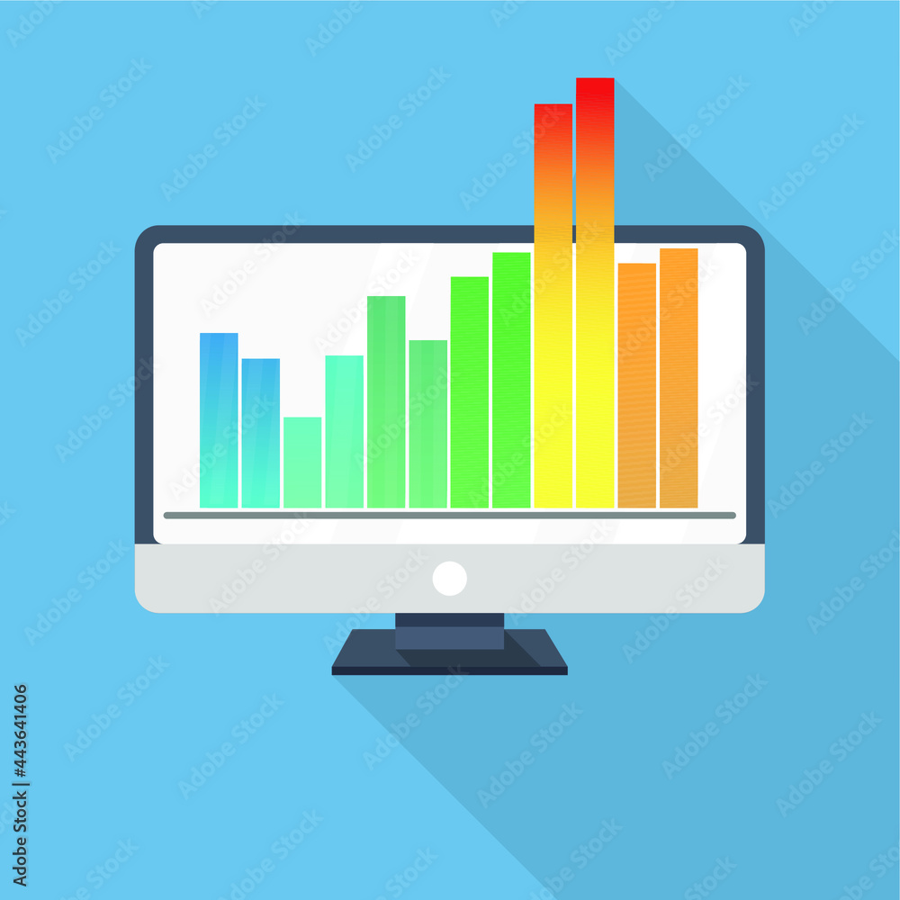 Poster computer monitor and multicolored graphics on a blue background with a long shadow. flat design illu