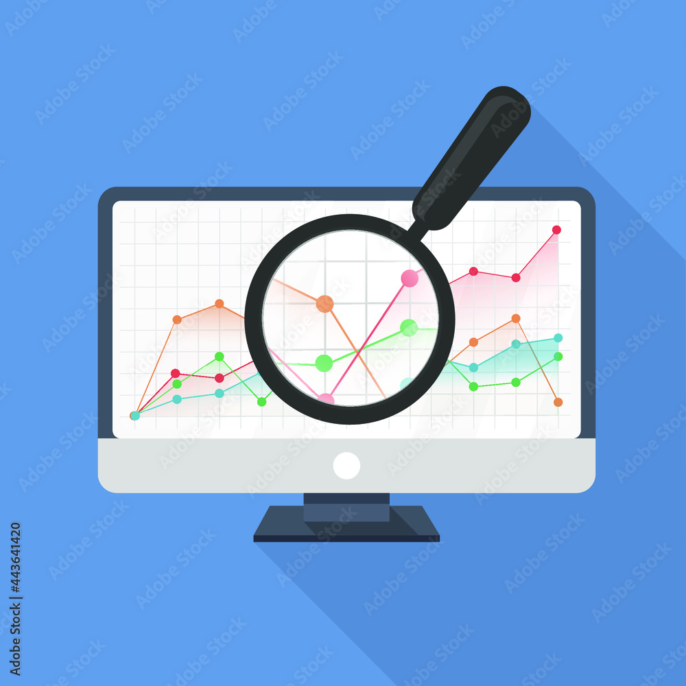 Poster monitor with colorful dot graphics and black magnifier. flat icon with long shadow. vector stock ill