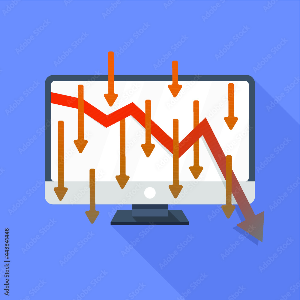 Fototapete computer and graph fast drops with arrows on blue background with shadows flat icon with long shadow
