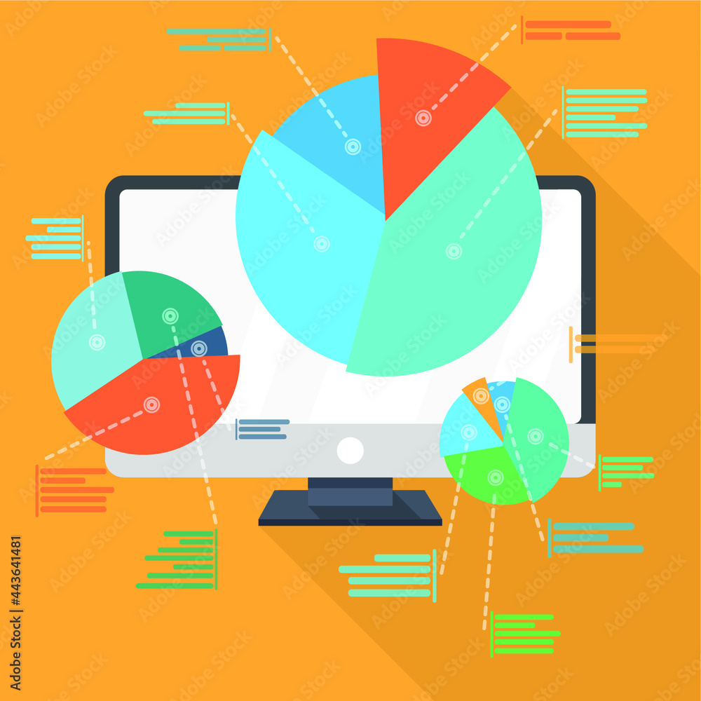 Fototapete monitor with colorful pie charts and dotted lines from them to text lines. flat icon with long shado