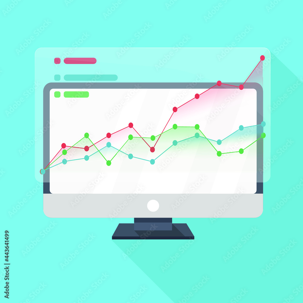 Fototapete monitor of computer with colorful dot graphics on transparent window on light blue background . flat