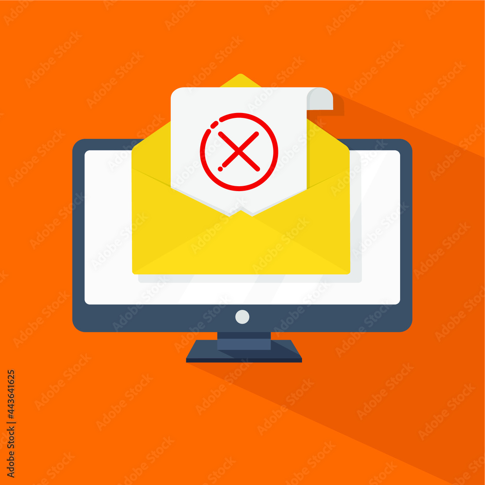 Aufkleber computer and yellow envelope. new message or email. computer with mail icon prohibition sign . flat 