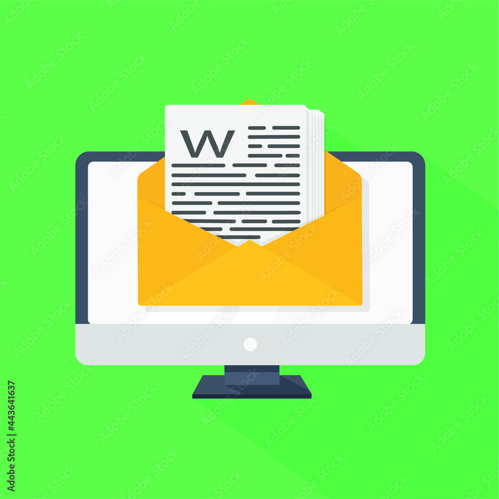 Fototapete computer monitor on a blue background with an envelope and sheets of text. flat design illustration.