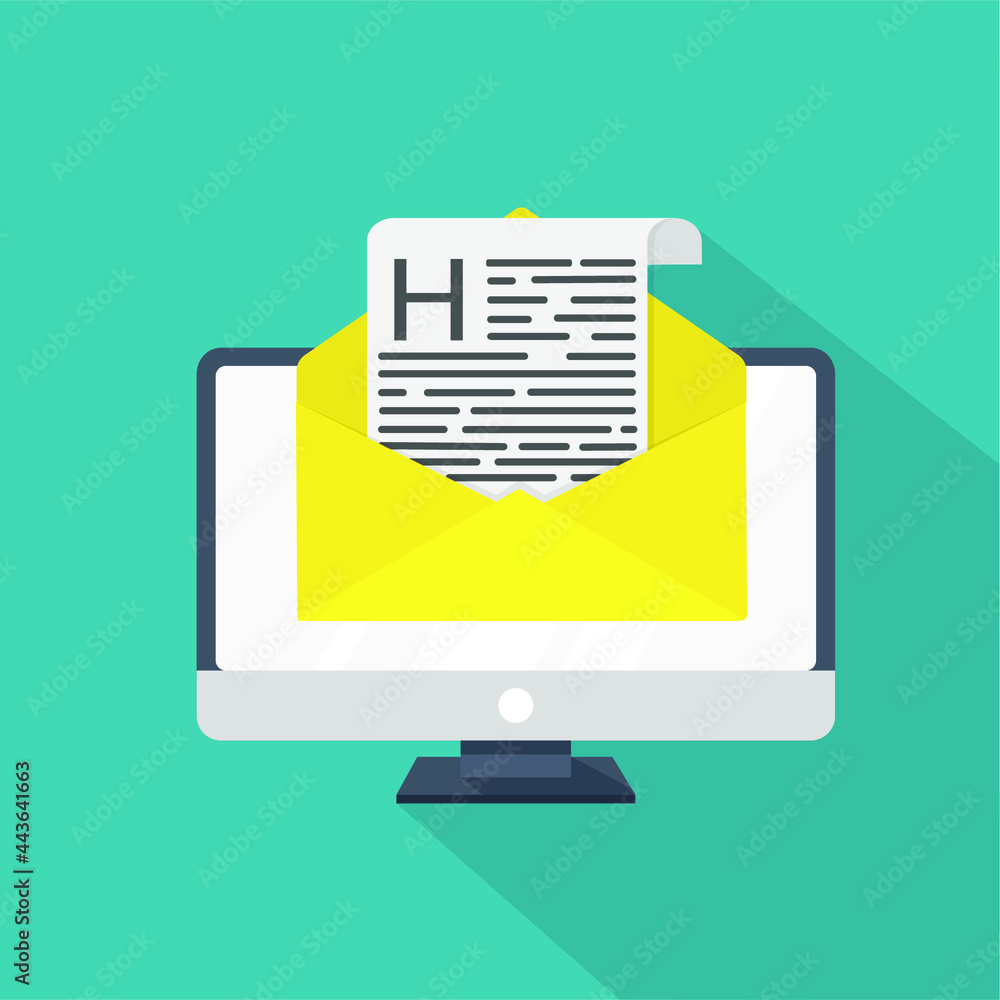 Fototapete computer and yellow envelope. new message or email. computer with mail icon with letters of text . f