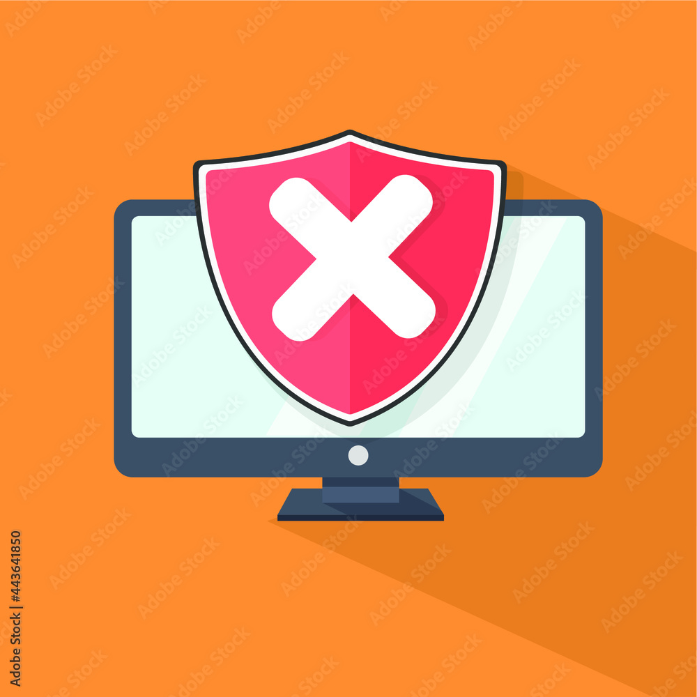 Poster computer with shield and prohibition sign on blue background with long shadow. computer security con