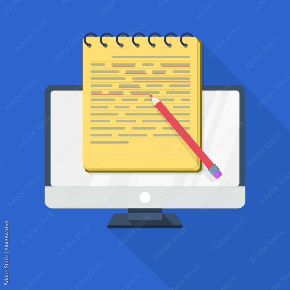 Poster computer monitor and a yellow notebook in which something is marked with a red pencil on a blue back
