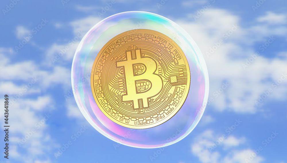 Aufkleber 3d rendering of a physical golden bitcoin in a soap bubble