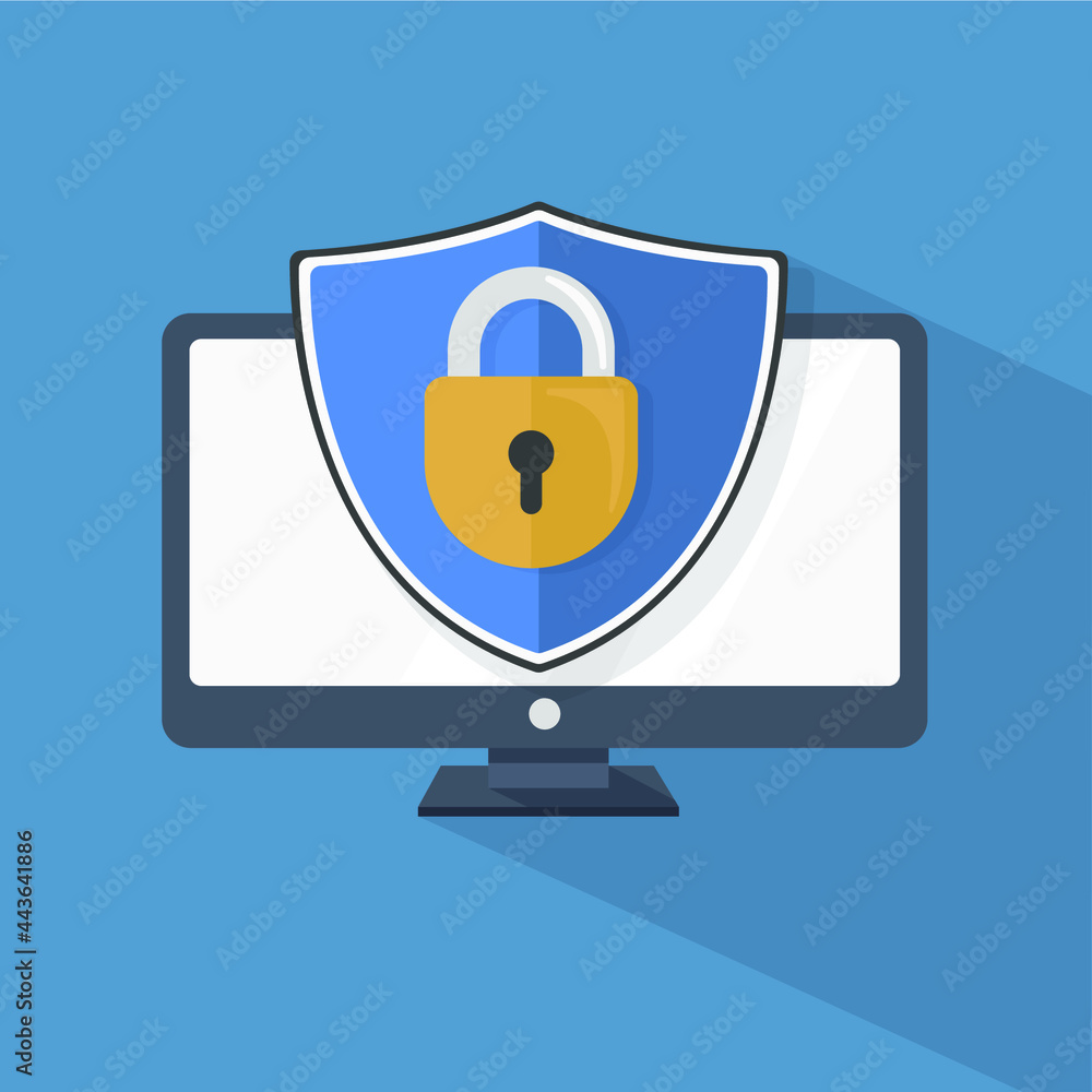Fototapete computer with shield and lock on a blue background with a long shadow. computer security concept