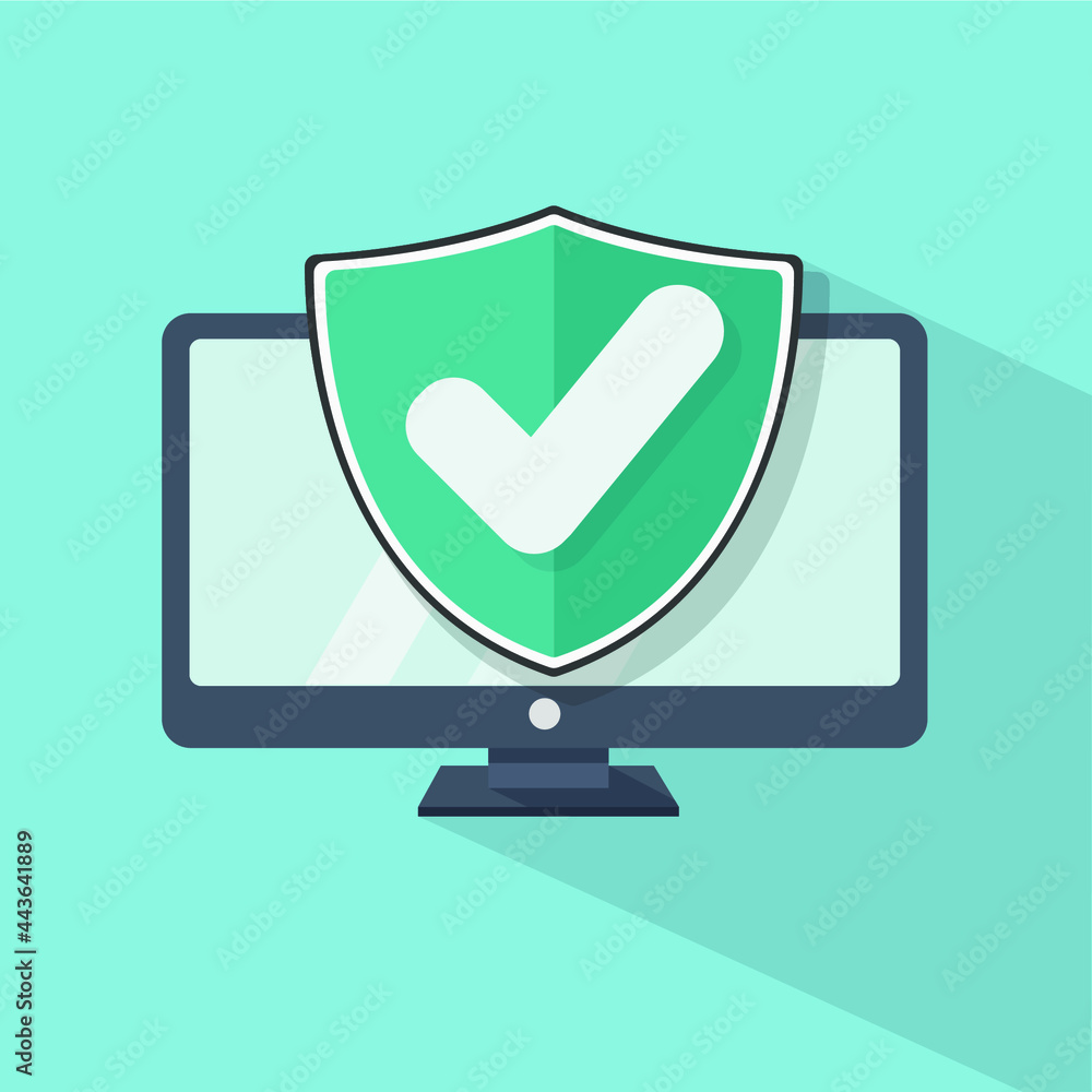 Aufkleber computer with shield and confirmation sign on blue background with long shadow. computer security co