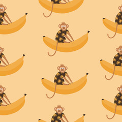Cute monkeys with funny eyes and yellow bananas. Animals and fruits vector illustration. Tropical seamless pattern.
