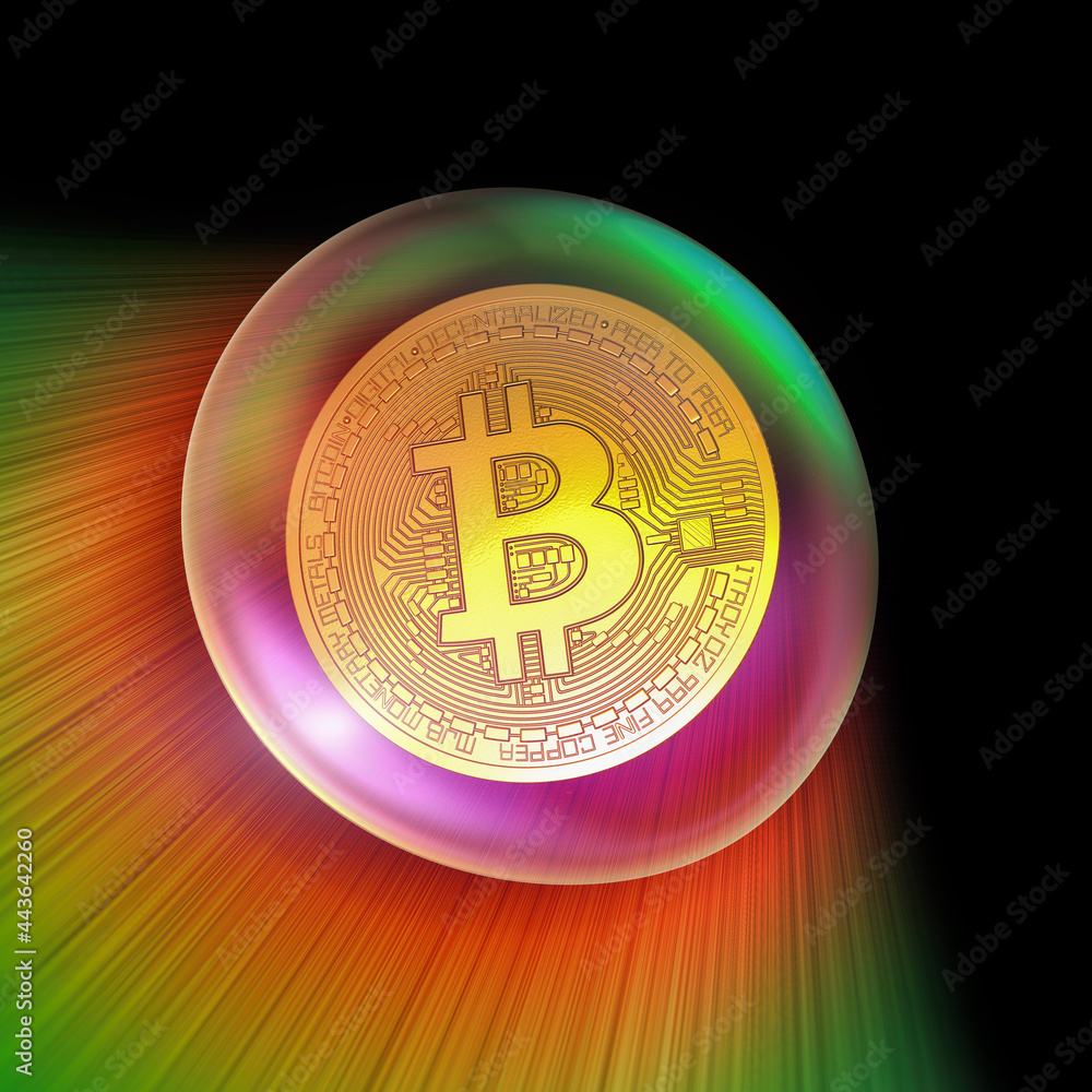 Poster 3d rendering of a physical golden bitcoin in a soap bubble