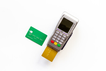 Payment transactions with credit card by pos terminal. Top view