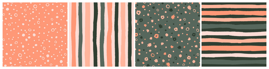 Collection of different seamless repeat pattern backgrounds. Bundle of vector all over surface prints with dots, circles, flowersa and stripes.