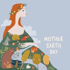 Happy Mother Earth Day with Red Hair Woman holding Forest and Animals