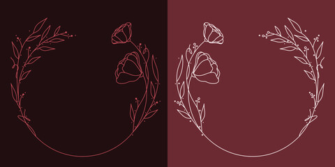 Okrągłe ramki z wzorem botanicznym w prostym nowoczesnym stylu z listkami i kwiatami - romantyczny, kobiecy wzór na zaproszenia ślubne, życzenia, kartki urodzinowe, tło dla social media stories.	