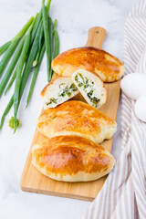 Delicious little pies with green onion and egg. Traditional Russian cuisine. Homemade cakes.