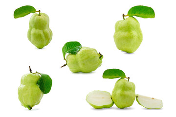 Collection group of fresh guavas with green leaves isolated on white background.