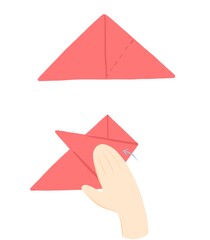 Step-by-step instruction for children for making a festive origami flower tulip of paper. Creative holiday craft gift for mother, grandmother and sister. Step 2