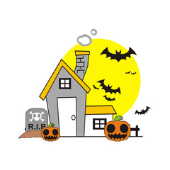 Old scary house with glow windows at night. Vector cartoon landscape with spooky wooden mansion, broken fence, dark silhouettes of trees and moon in sky. Halloween creepy illustration of witch house