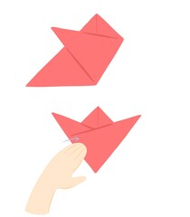 Step-by-step instruction for children for making a festive origami flower tulip of paper. Creative holiday craft gift for mother, grandmother and sister. Step 3