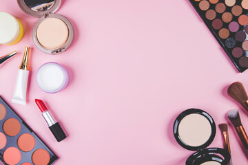 Set of cosmetic makeup tool isolated on pink background, top view, flat lay, brush and lipstick and makeup palette kit, no people, nobody, copy space, group object about beauty, collection make-up.