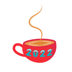 Cute red mug for coffee or tea with the inscription 2022. Nice gift for New Year or Christmas. Isolated crockery on a transparent background. Vector for postcards, packaging design, menus, internet.