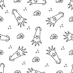 Seamless pattern with sea creatures, funny contour cartoon animals , dark outline on white background