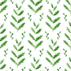 Seamless watercolor pattern with garden herbs. Background with green eucalyptus and olive leaves, branches