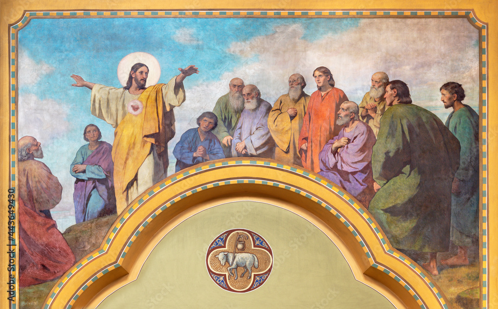 Wall mural VIENNA, AUSTIRA - JUNI 18, 2021: The fresco of JJesus as Teacher in Herz Jesu church from begin of 20. cent. by autor with F.Z. initials.