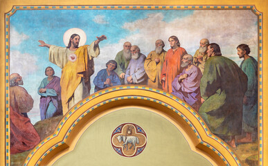VIENNA, AUSTIRA - JUNI 18, 2021: The fresco of JJesus as Teacher in Herz Jesu church from begin of...
