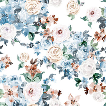 Watercolor Vintage Floral Seamless Pattern For Fabric, Dusty Blue Flowers Background For Nursery, Kids Apparel, Home Decor