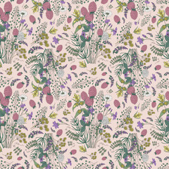 Seamless botanical pink pattern with bouquets of meadow flowers