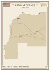 Map on an old playing card of La Paz county in Arizona, USA.
