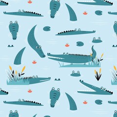 Hand drawing cute crocodile seamless pattern vector illustration for the t-shirt design. Vector illustration design for fashion fabrics, textile graphics, prints.