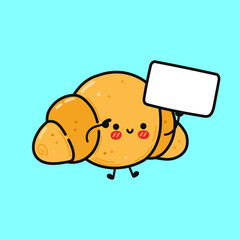Cute funny croissant with poster. Vector hand drawn cartoon kawaii character illustration icon. Isolated on blue background. Сroissant think concept