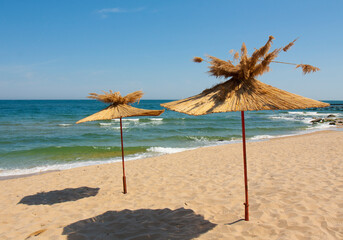 Umbrellas on the beach, St. Constantine and Helena resort, Varna province, Bulgaria