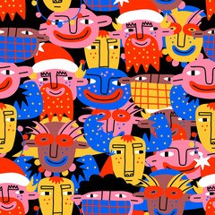 Fototapeta premium vibrant color full Christmas seamless pattern-psychedelic santa, children, deer,decorations.New Year celebration.Party in the style of the 80s and 90s.Bizarre characters 2022 