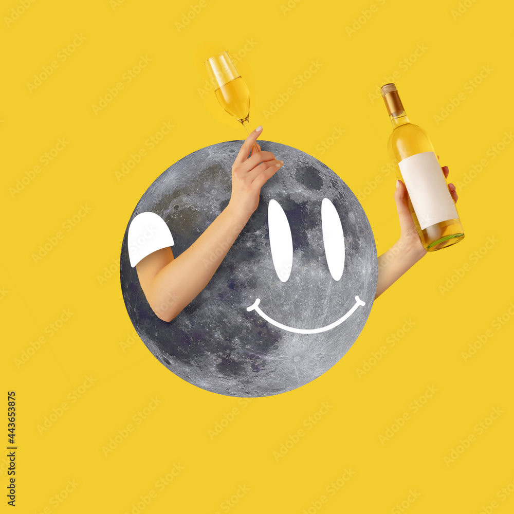 Wall mural Modern art collage in pop-art style. Hands holding wine glass and bottle isolated on bright yellow background with copyspace for ad.