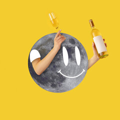 Modern art collage in pop-art style. Hands holding wine glass and bottle isolated on bright yellow background with copyspace for ad.