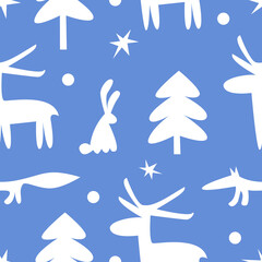 Cartoon white silhouettes of animals, trees and stars on a blue background. Seamless pattern. Vector illustration. 