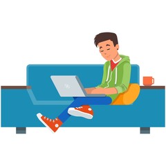 Young boy with laptop on sofa vector illustration