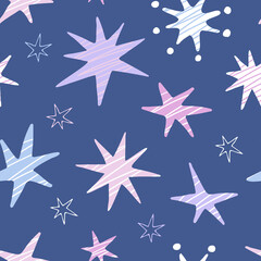 Cute cartoon colorful stars on a blue background. Seamless pattern. Vector illustration.