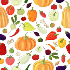 Vegetables pattern. Fresh, ripe vegetable texture. Vegetarian nutrition seamless print.Eco organic food. Vegan food,tomatoes, onions, garlic, pumpkin, peppers, chili peppers. Thanksgiving seamless