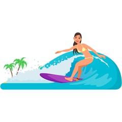 Vector woman surfing in wave illustration isolated on white