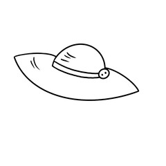 Sketch of a black line of a summer beach hat for women with large brims, with a ribbon, on a white background. For leaflets, postcards, posters, advertising, presentations