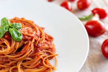 Italian spaghetti with tomato sauce, basil and extra virgin olive oil