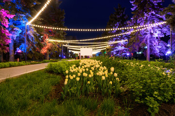 Evening city landscape in the park with a garland against the background of flower beds with tulips and a backlight. Street decorated with lamps